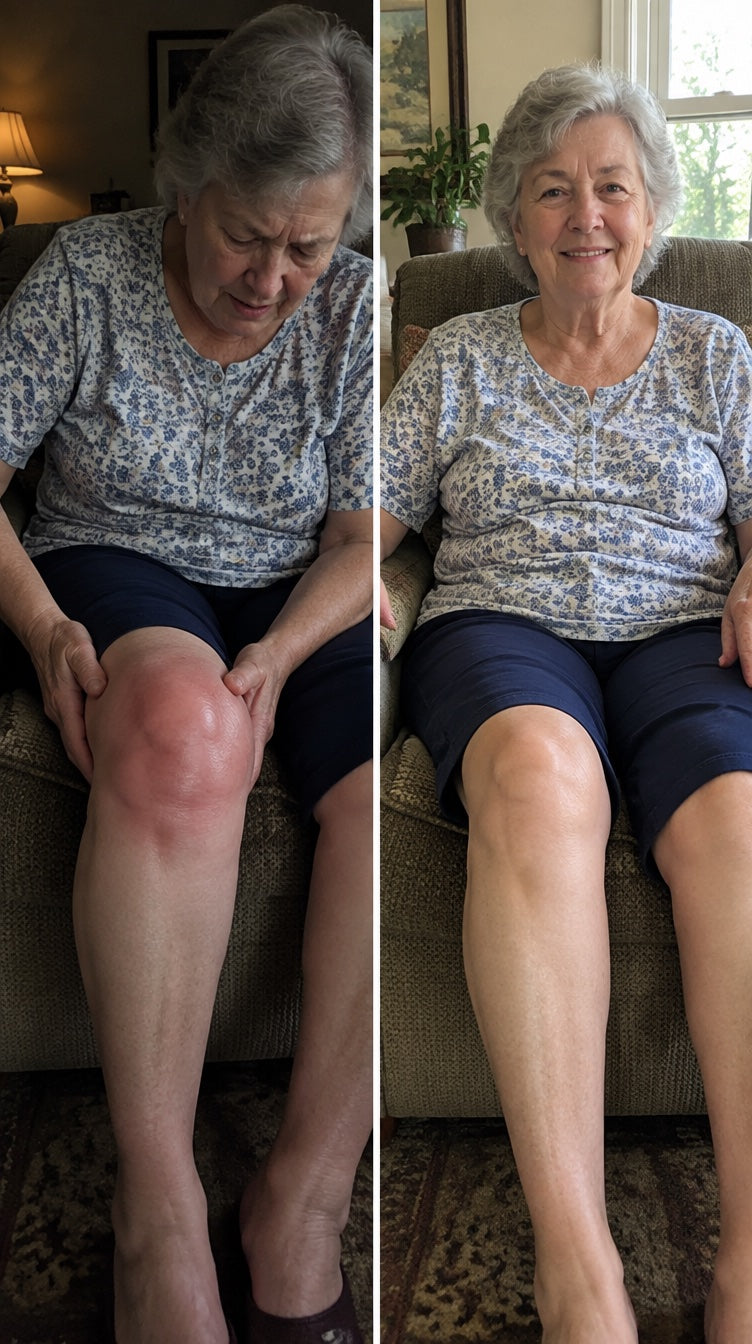 Illustrative before and after: holding a sore knee, then smiling and relaxed