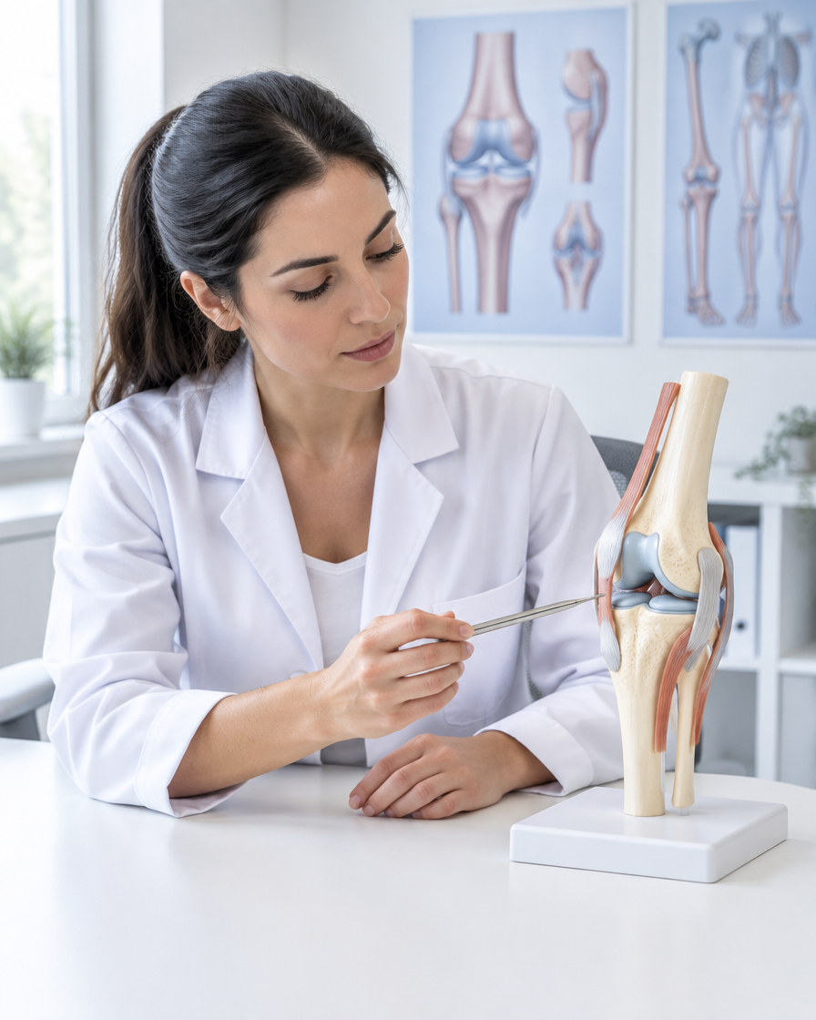 A clinician pointing at an anatomical knee model