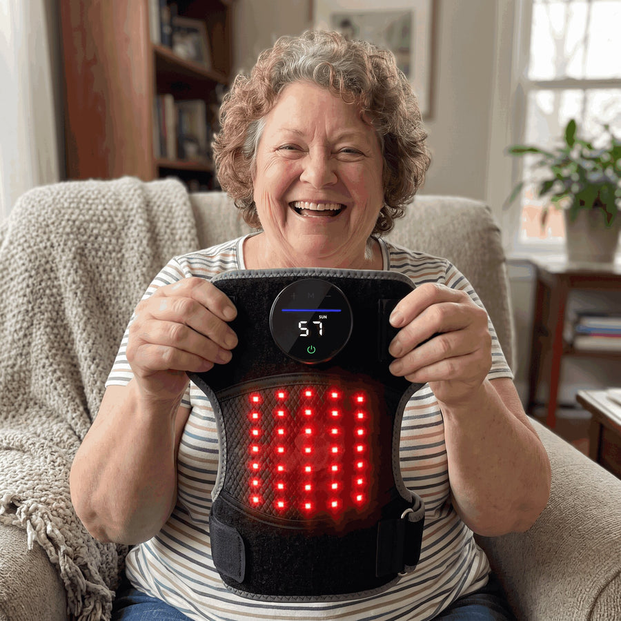 Laughing woman in an armchair holding up the Bellrose Warmth Massager and its round display