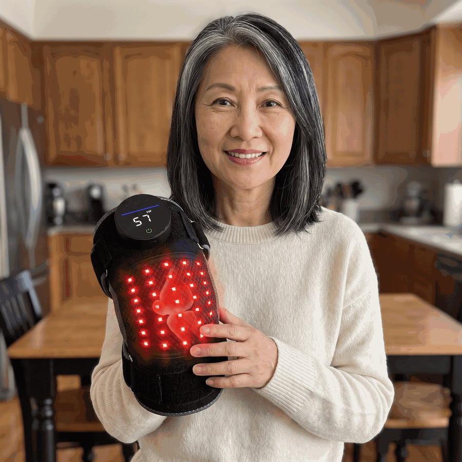 Woman in her kitchen holding the cordless Bellrose Warmth Massager