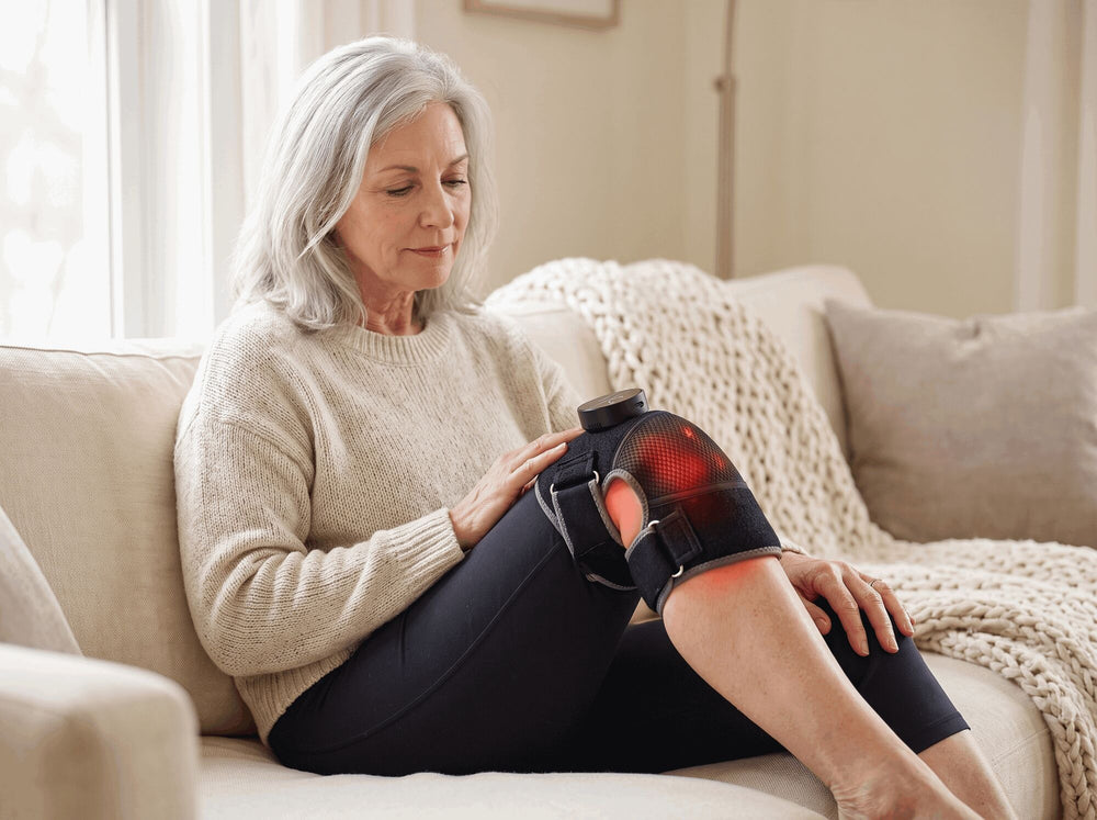 Woman sitting on her sofa at home, wearing the Bellrose Warmth Massager on her knee