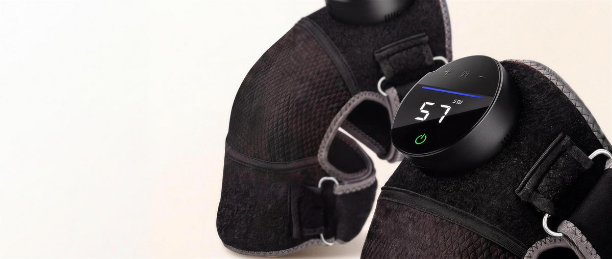 Bellrose heated knee massager pair with round controller showing 57 degrees, studio shot