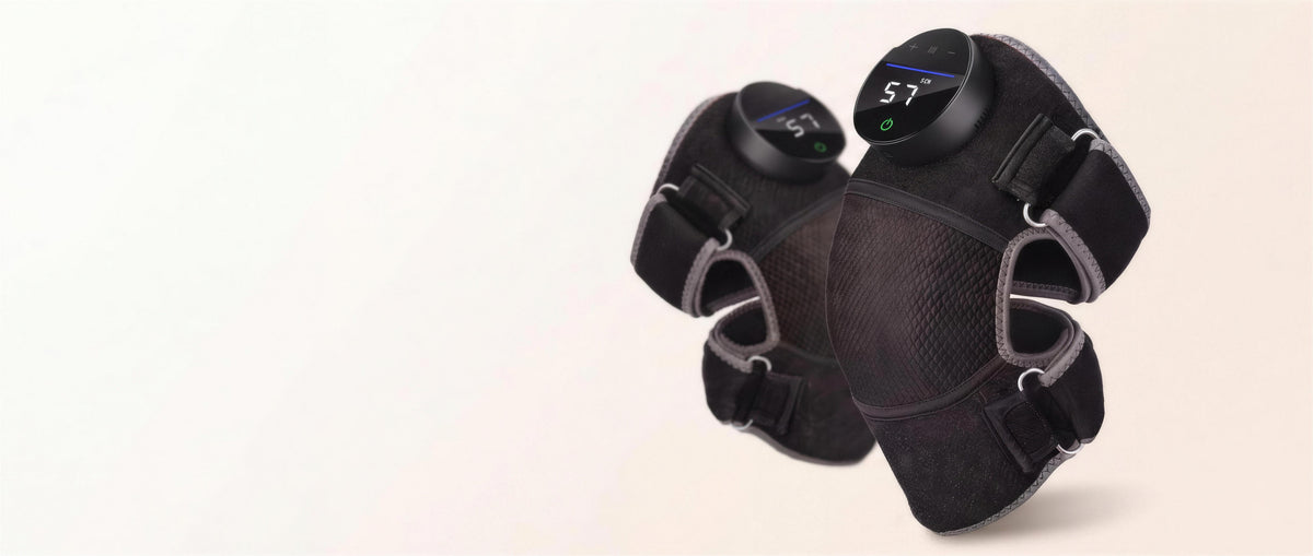 Two Bellrose heated knee massagers with round controllers showing 57 degrees, studio shot