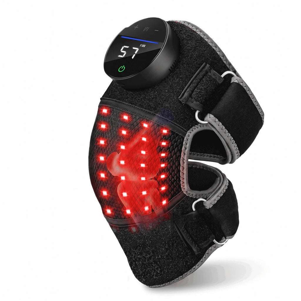 Bellrose Warmth Massager with red lights on, round digital controller and adjustable straps, on a white background