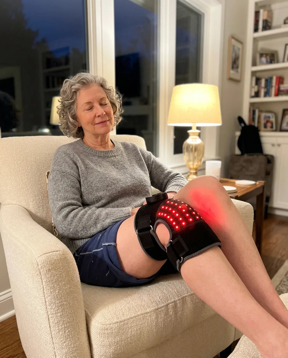 Relaxed woman in an armchair with the Bellrose wrap glowing on her bare knee