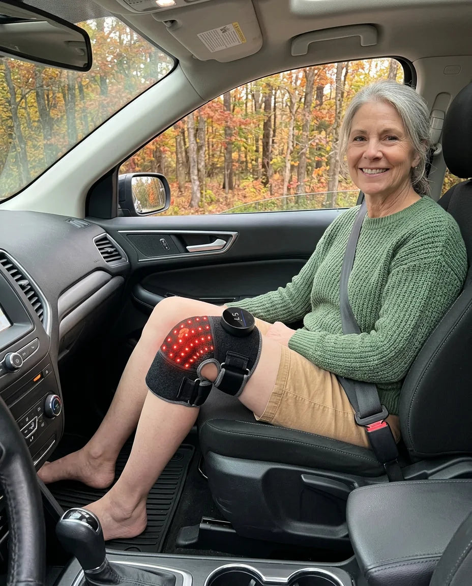 Smiling woman in a car passenger seat wearing the cordless Bellrose wrap on her bare knee