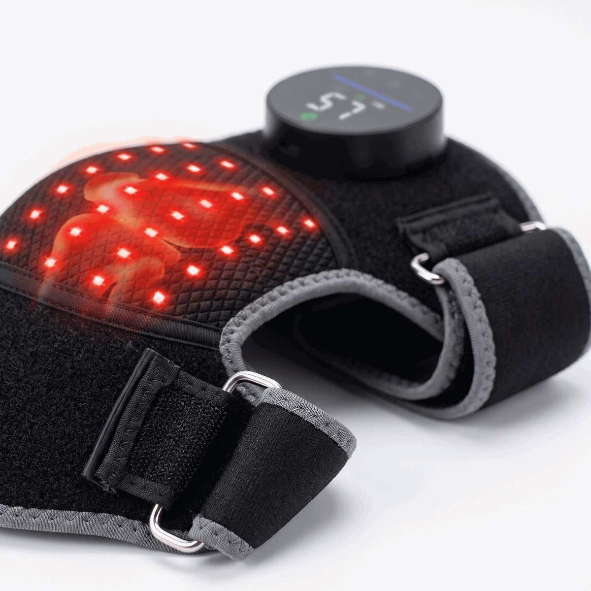 Close-up of the Bellrose wrap's red lights, soft mesh and adjustable strap buckles