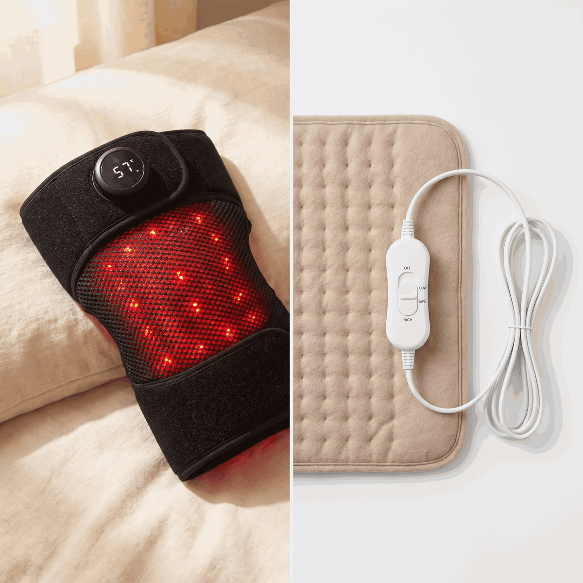 Cordless knee wrap with red light next to a corded flat heating pad