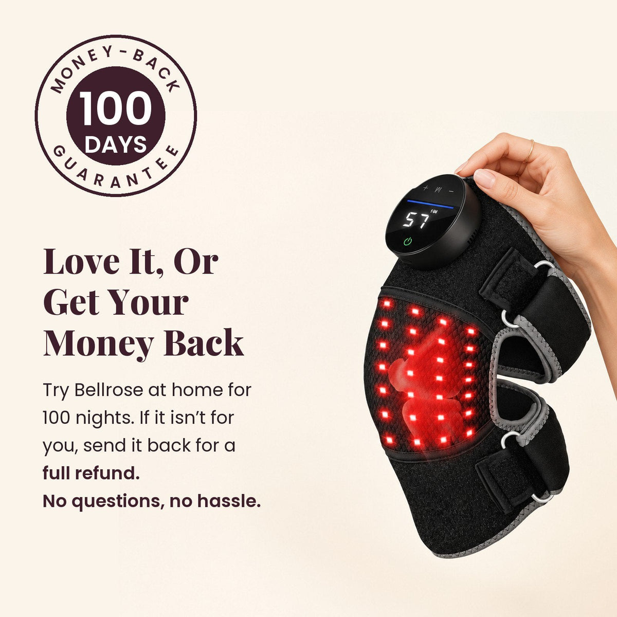 100-day money-back guarantee seal next to the black Bellrose wrap with red lights glowing