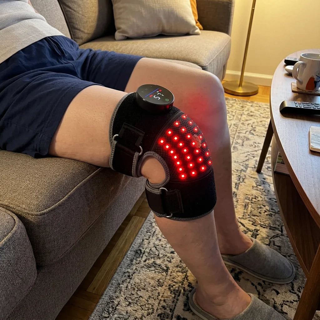 Bellrose wrap glowing on a bare knee, seen from above while sitting on the sofa