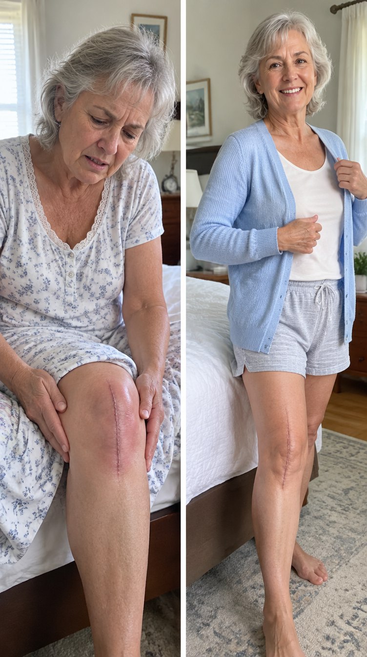 Illustrative before and after: holding a stiff knee on the edge of the bed, then standing relaxed and smiling