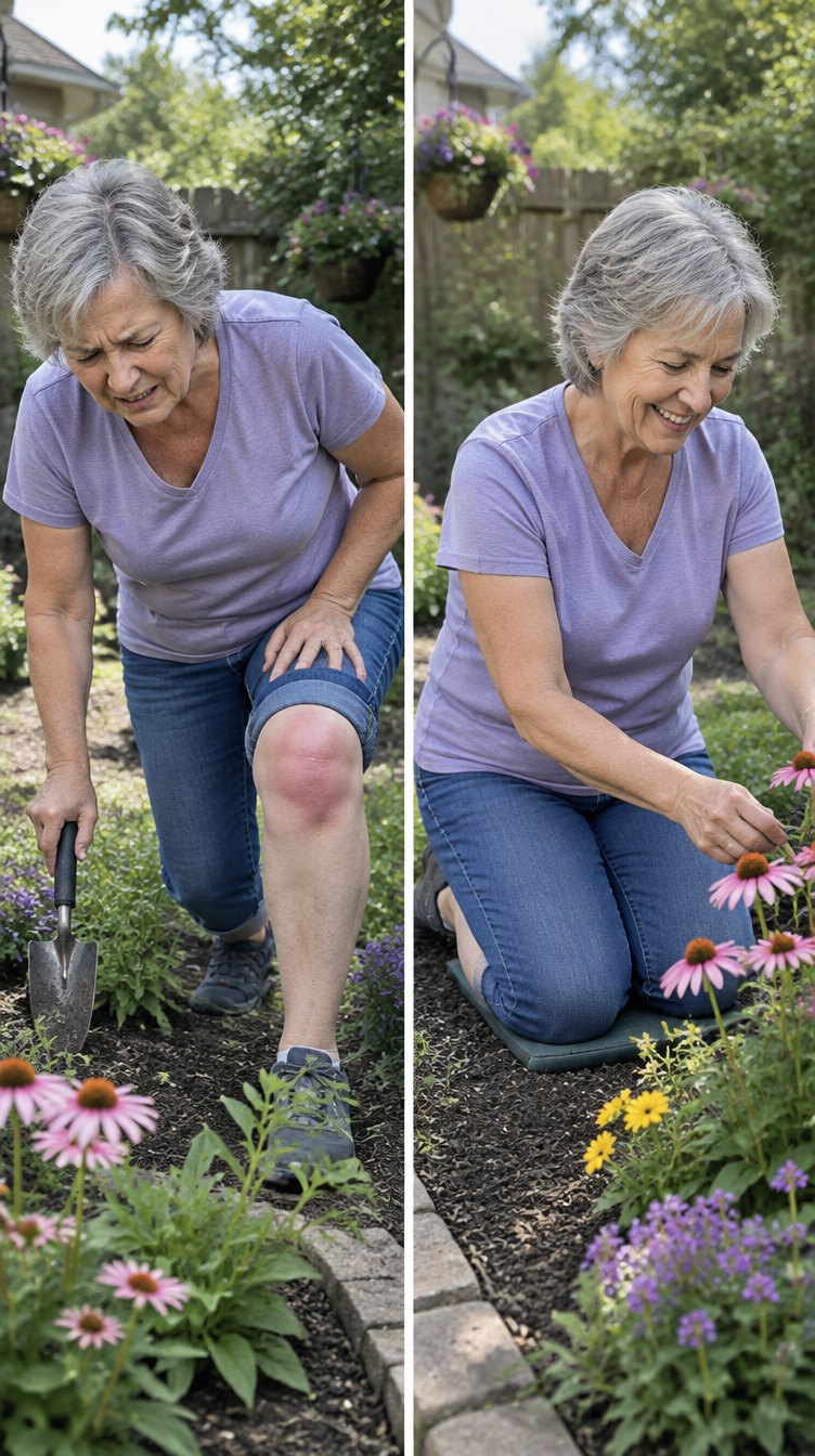 Illustrative before and after: wincing while bending in the garden, then kneeling happily among the flowers