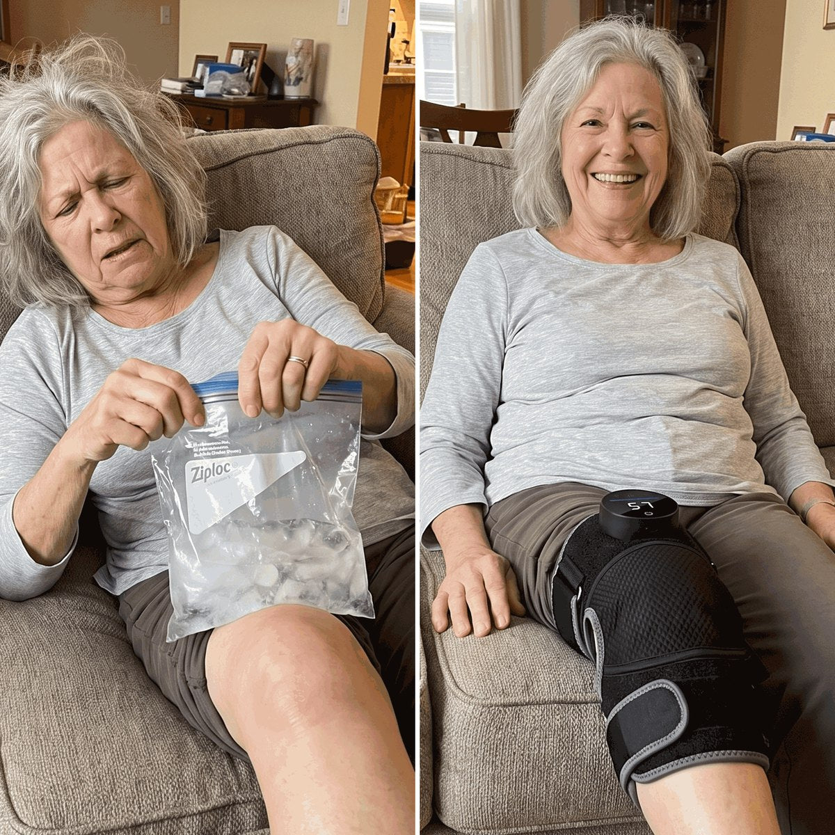 Illustrative before and after: holding a bag of ice on a sore knee on the sofa, then smiling with the black Bellrose wrap on