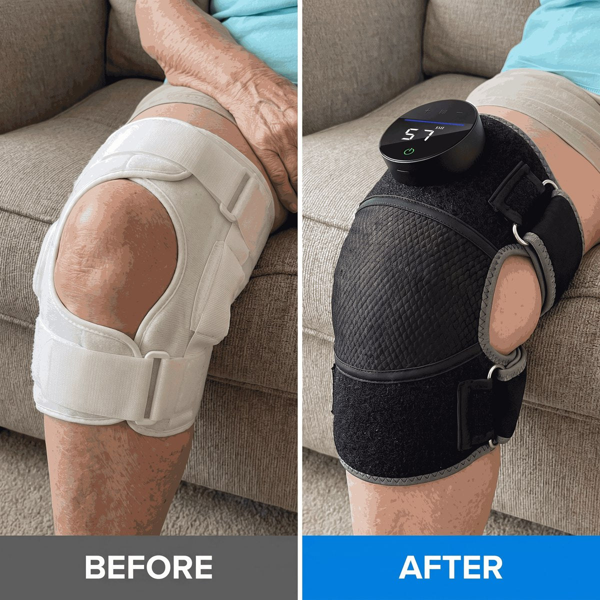 Illustrative before and after: a plain white knee brace, then the black Bellrose heated wrap with its round controller