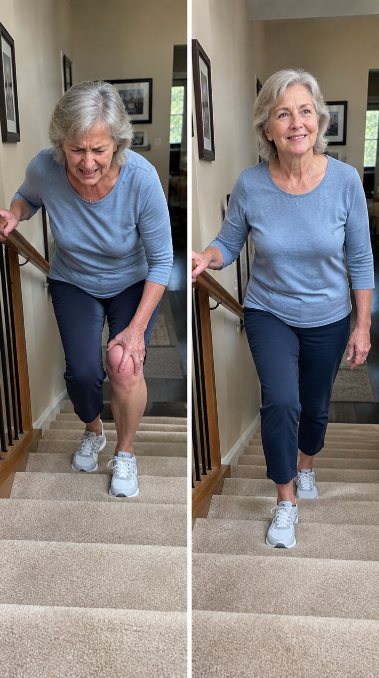 Illustrative before and after: gripping the stair rail with a sore knee, then walking the stairs smiling