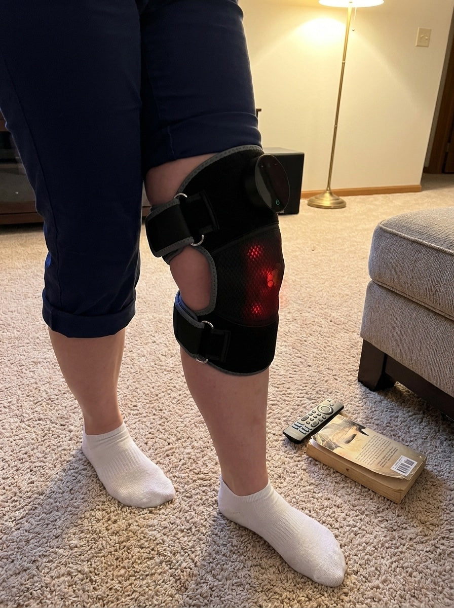Bellrose knee wrap worn while standing in the living room