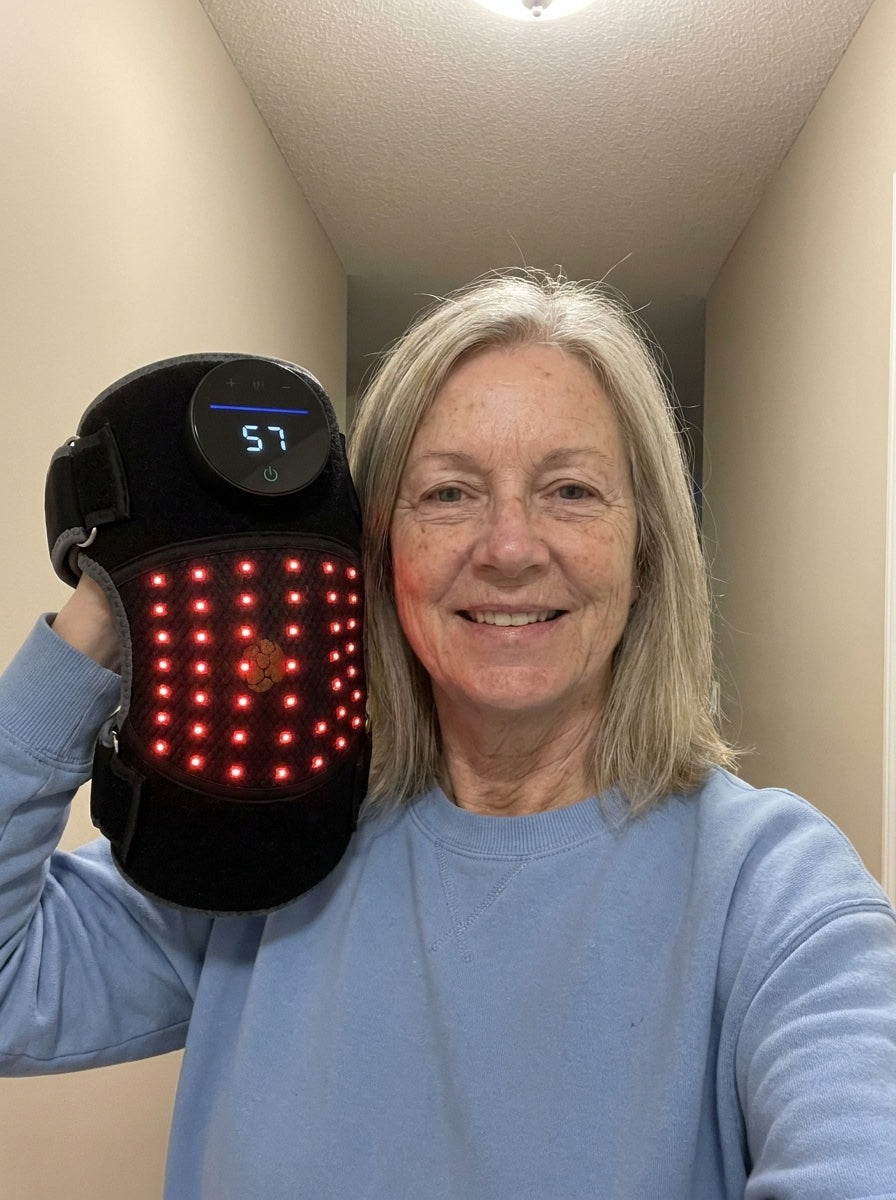 Woman smiling and holding up the Bellrose knee wrap