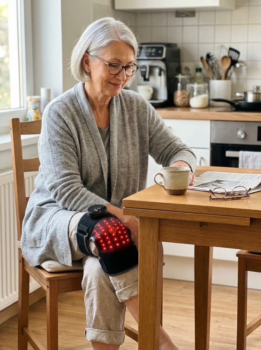 Woman wearing the Bellrose knee wrap at the kitchen table with coffee