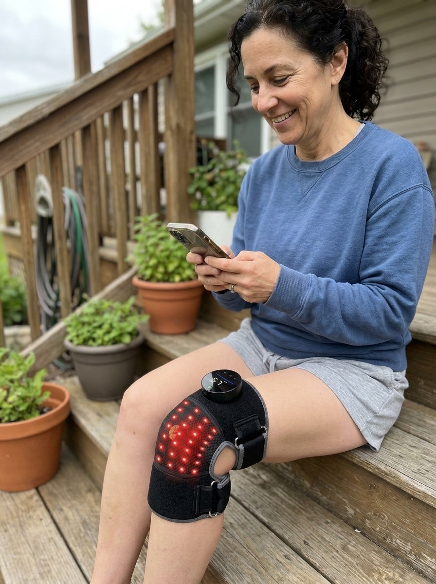 Woman on the porch steps wearing the cordless Bellrose knee wrap