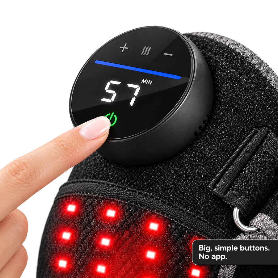 Finger pressing the power button on the round Bellrose controller: big, simple buttons, no app