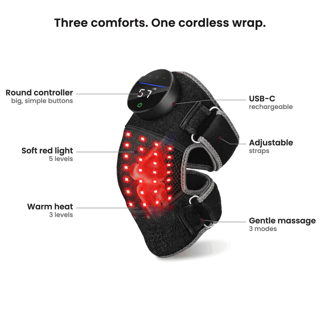 Bellrose Warmth Massager features: round controller with big buttons, soft red light 5 levels, warm heat 3 levels, USB-C rechargeable, adjustable straps, gentle massage 3 modes