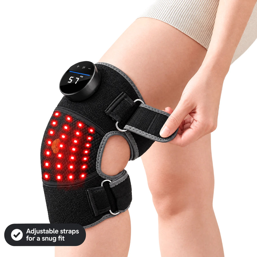 Hands fastening the adjustable strap of the Bellrose wrap on a bare knee for a snug fit