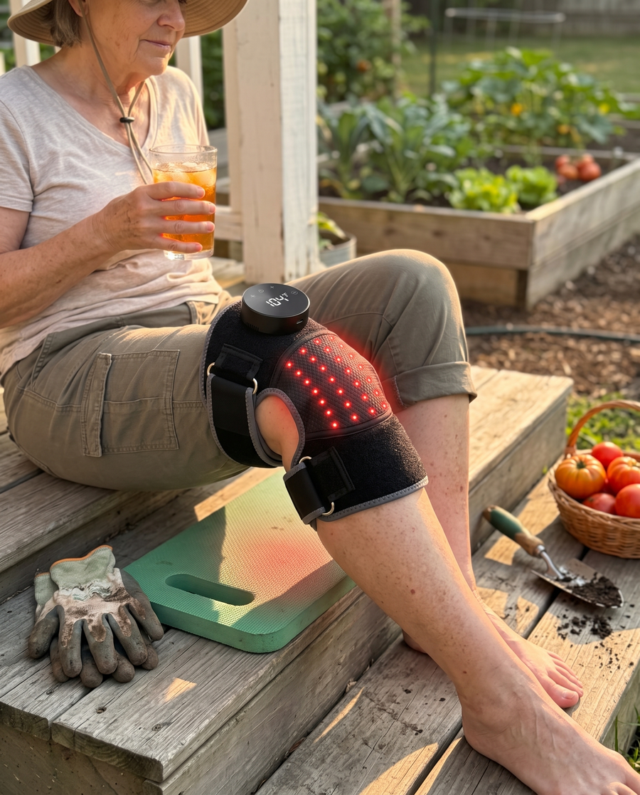 Woman resting on a porch step after gardening with the Bellrose wrap on her knee