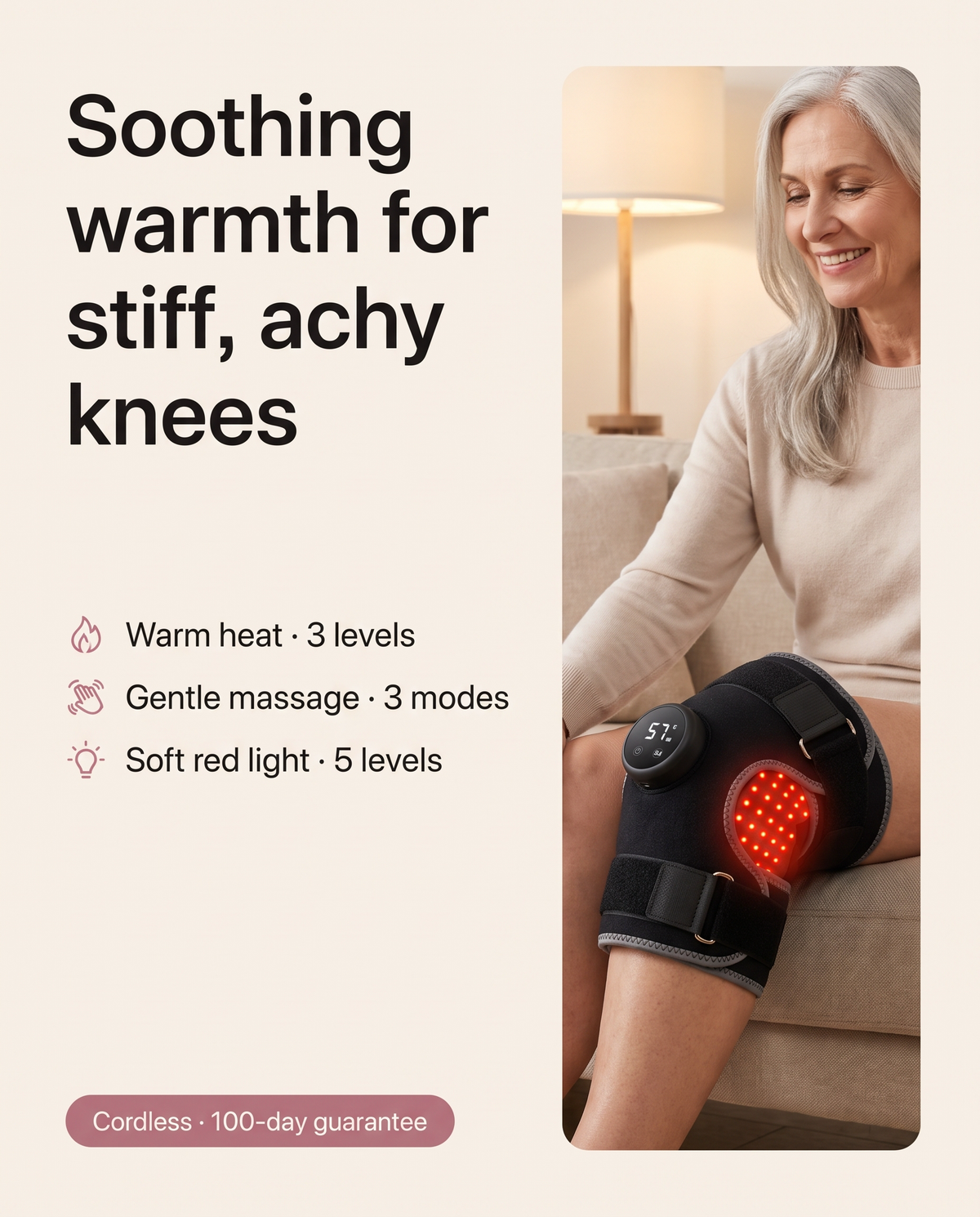 Bellrose Warmth Massager: soothing warmth for stiff, achy knees. Warm heat 3 levels, gentle massage 3 modes, soft red light 5 levels. Cordless, 100-day guarantee.
