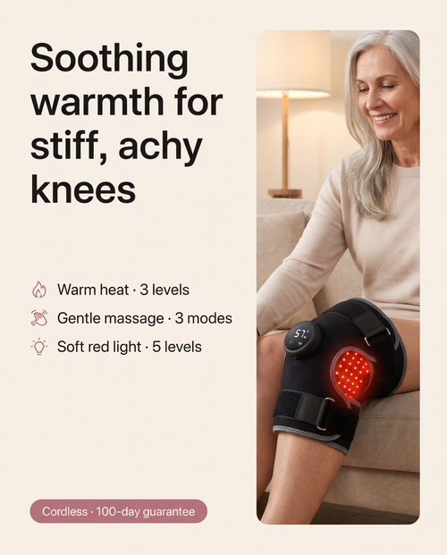 Bellrose Warmth Massager: soothing warmth for stiff, achy knees. Warm heat 3 levels, gentle massage 3 modes, soft red light 5 levels. Cordless, 100-day guarantee.