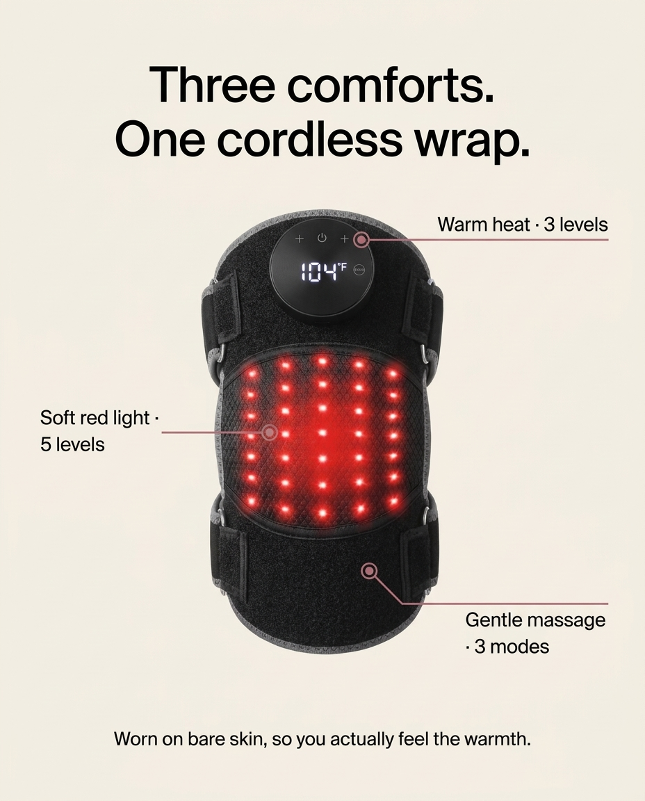Three comforts in one cordless wrap: warm heat, soft red light and gentle massage, worn on bare skin