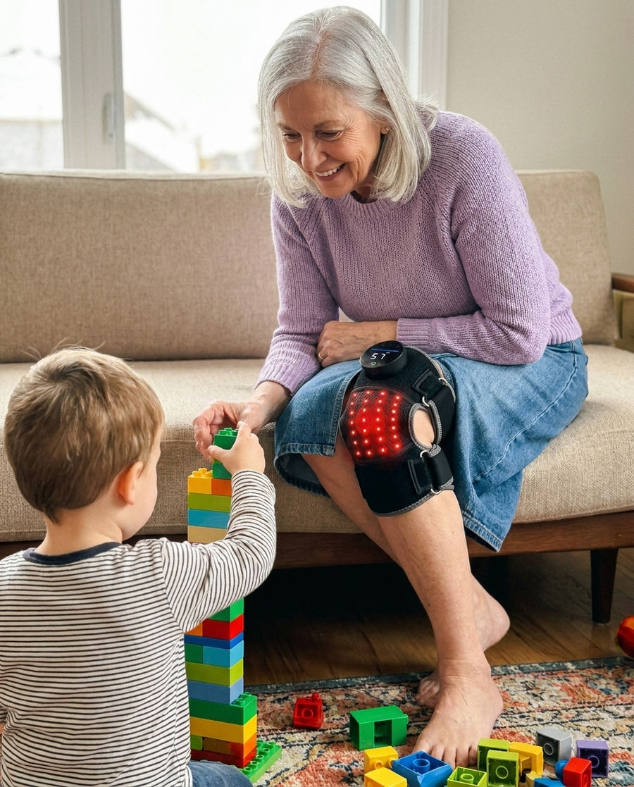 Grandmother wearing the Bellrose wrap on her bare knee while a toddler builds blocks