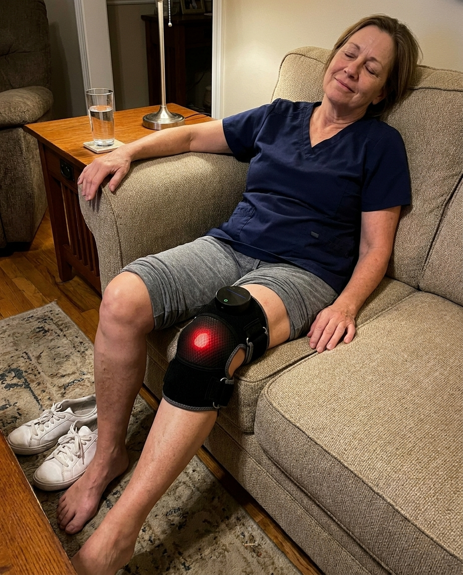 Woman relaxing on the couch after a long shift with the Bellrose wrap on her bare knee